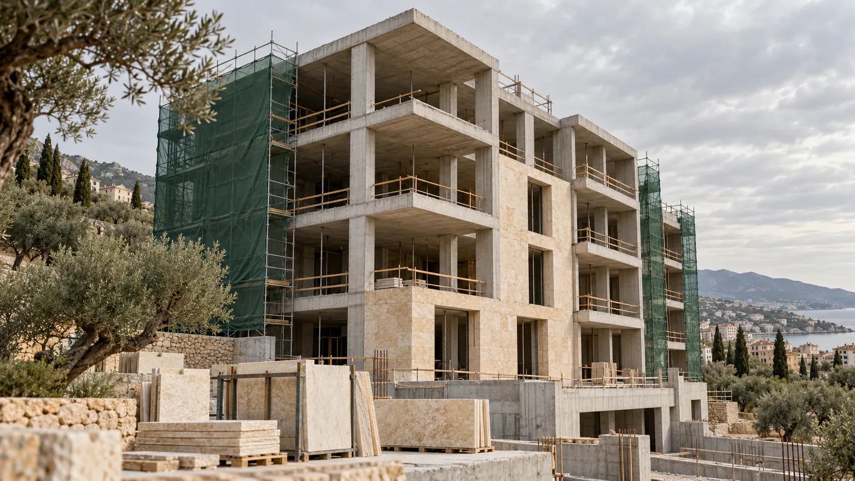 Betonarme taşıyıcı sistemin kurulduğu yapım aşaması.